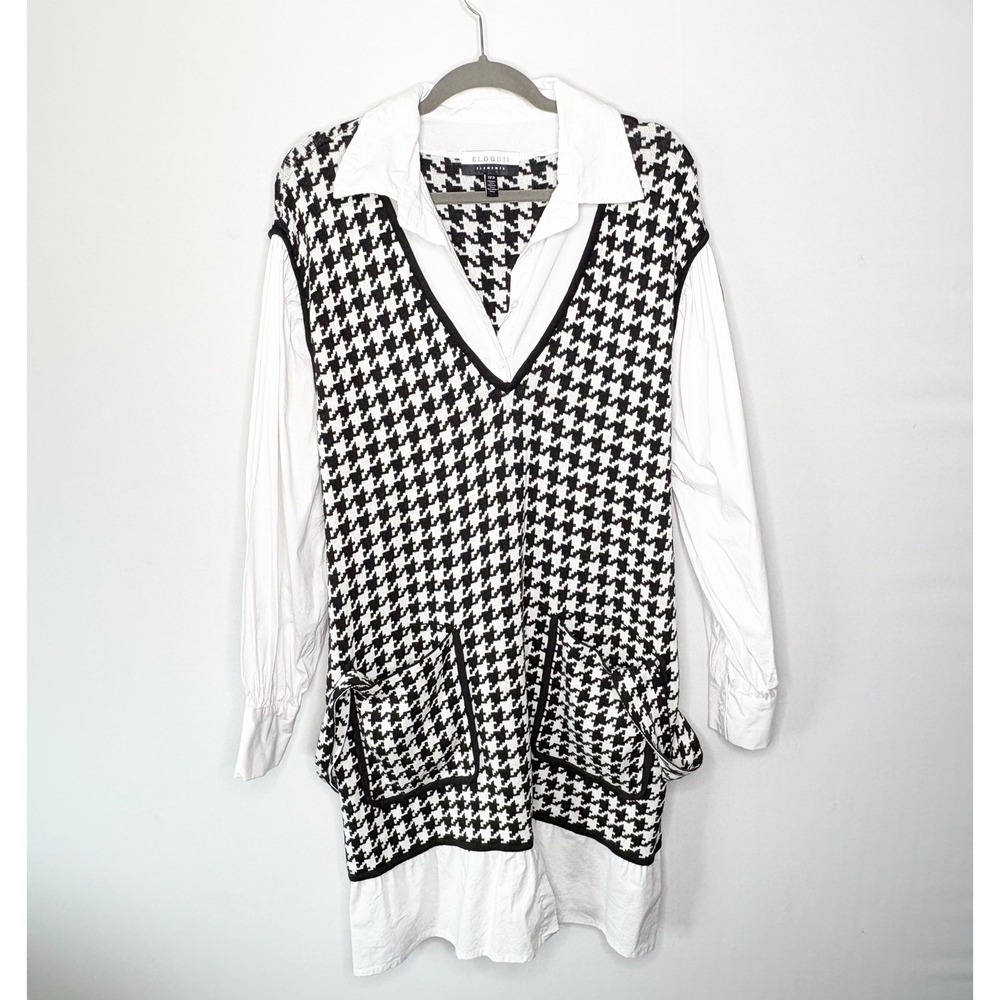 Eloquii Houndstooth Mixed Media Sweater Shirt Dress Black White Size 18/20‎